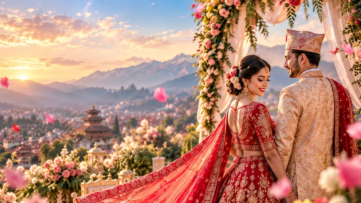 A Nepali bride and groom celebrating with the Kathmandu Valley and Himalayas behind them